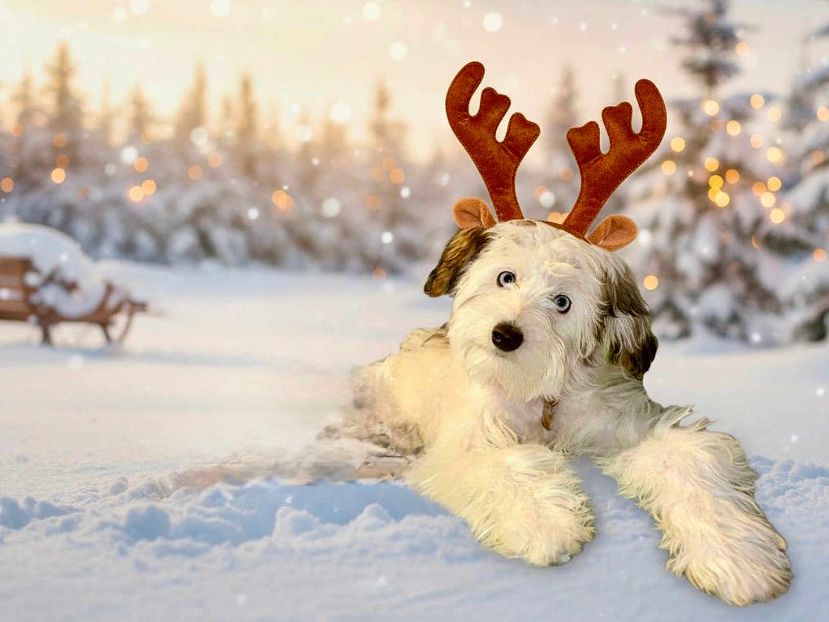 Zoey joined the competition — help win amazing prizes! dog, puppy, snow, winter, reindeer_antlers, costume, sled, bokeh, pine_trees, forest, holiday, christmas, cute, pet, fur, outdoor, playful, lying_down, festive, lights