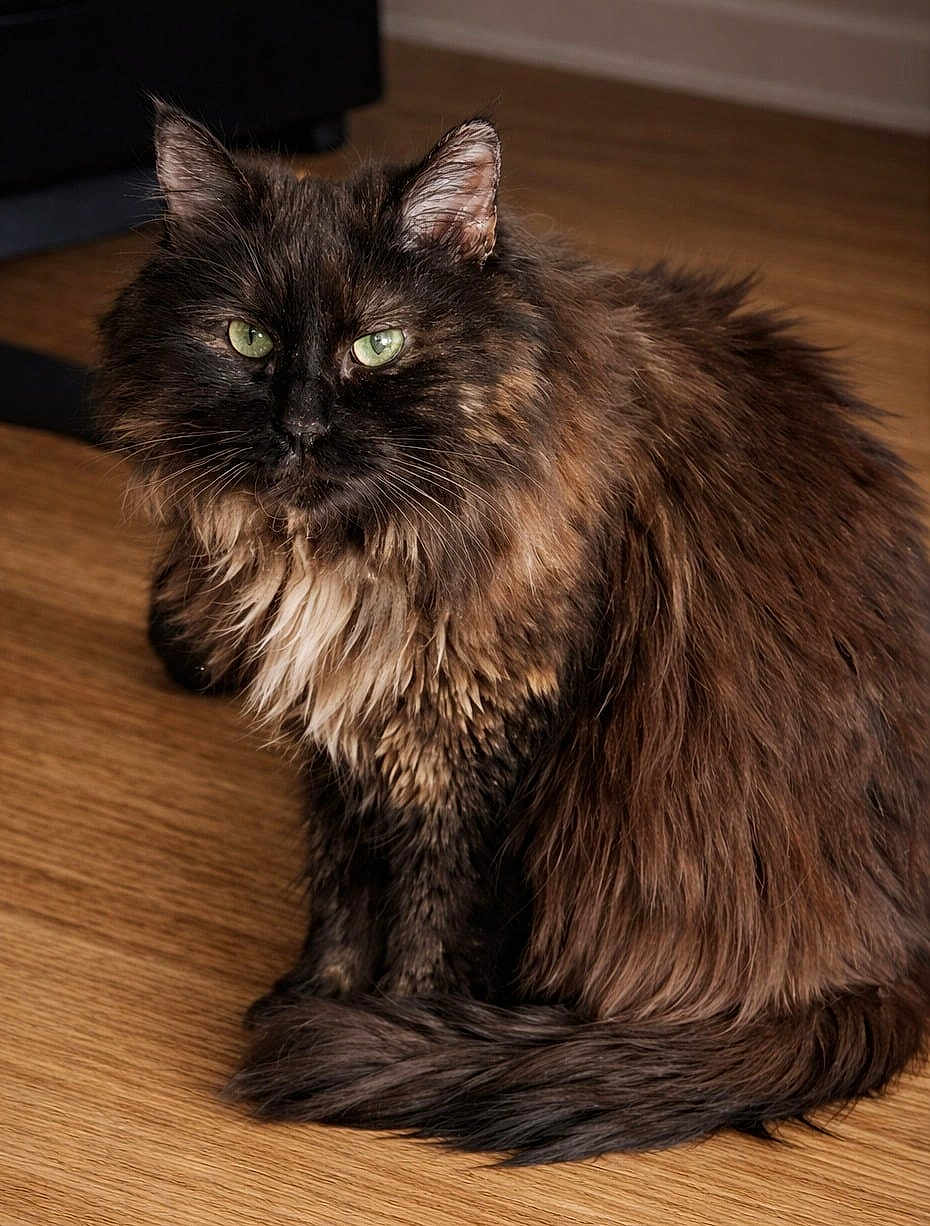Violette participe au concours pour gagner de l'argent avec cette photo : cat, tortoiseshell, fluffy, green_eyes, pet, animal, feline, sitting, indoor, wooden_floor, fur, long_hair, whiskers, cute, domestic_cat, portrait, looking_at_camera, calm, close_up, household