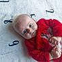 Ambre participe au concours pour gagner de l'argent avec cette photo : baby, infant, child, blue_eyes, blonde_hair, red_sweater, reindeer_design, fuzzy_clothing, blanket, numbers, lying_down, hands, cute, portrait, indoors, soft_lighting, cozy, curious_expression, close_up, face