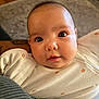 Lyla is registered to the contest to win money with this photo: baby, infant, face, eyes, clothing, white_outfit, peach_pattern, cute, chubby_cheeks, portrait, indoors, soft_lighting, person, closeup, expression, skin, head, young_child, warm_tones, comfortable