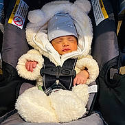 Liam is registered to the contest to win money with this photo: baby, newborn, infant, sleeping, car_seat, seat_harness, buckle, fuzzy_suit, hood, beanie, hands, cozy, blanket, safety_label, warning_label, pacifier_clip, transport, closeup, portrait, adorable