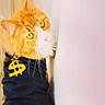 cat, orange_cat, white_fur, fluffy, pet, animal, clothing, shirt, dollar_sign, yellow, black, portrait, indoor, cute, curious, whiskers, feline, closeup, soft_light, posing