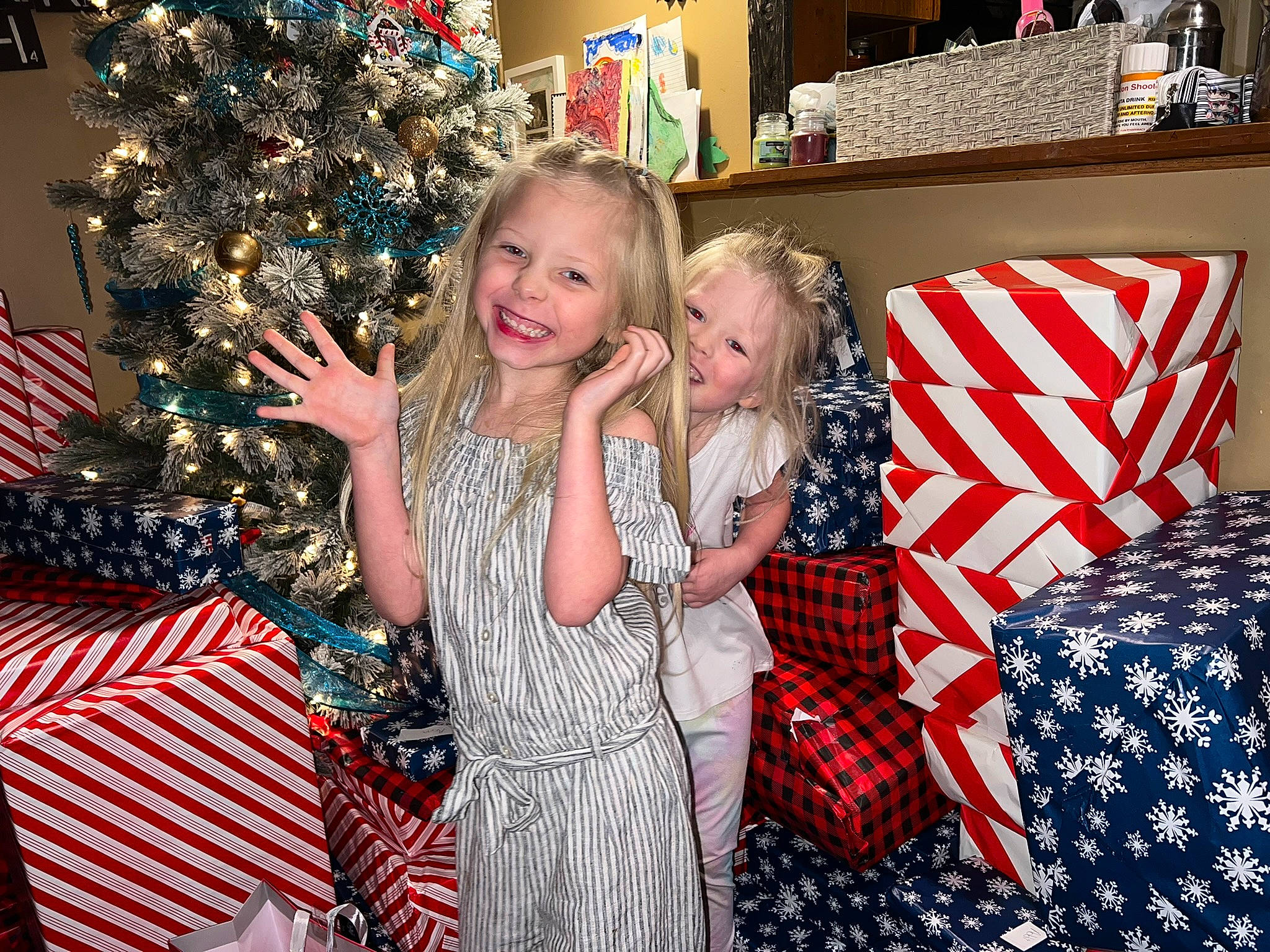 Anna joined the competition — help win amazing prizes! blue, child, christmas, christmas_decoration, christmas_eve, christmas_ornament, christmas_tree, dress, event, fun, happy, holiday, holiday_ornament, joy, leisure, ornament, pattern, person, shelf, smile