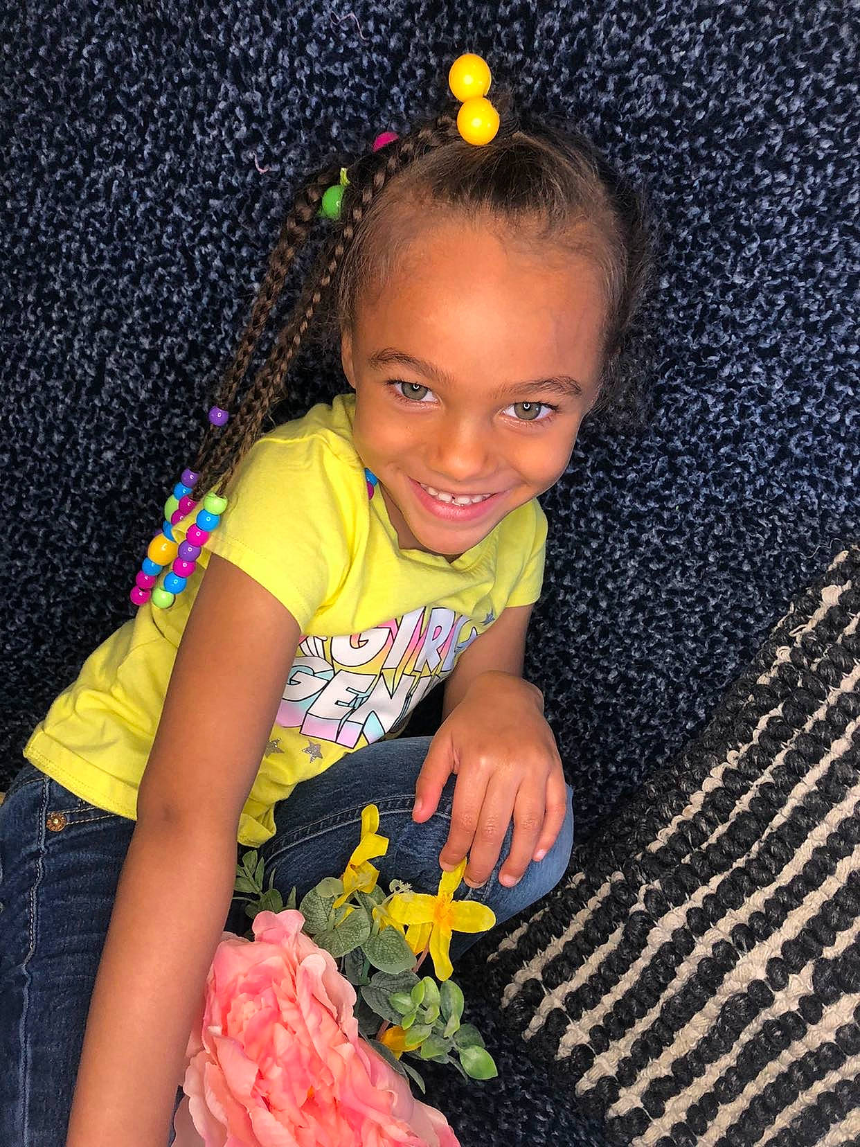 Myah is registered to the contest to win money with this photo: arm, baby_toddler_clothing, beauty, black, day_dress, dress, flower, fun, happy, head, iris, joy, long_hair, people_in_nature, person, petal, pink, plant, smile, textile