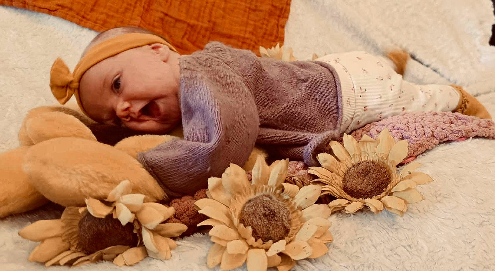 Dalia participe au concours pour gagner de l'argent avec cette photo : beauty, bedding, child, comfort, flooring, flower, fur, happy, knit_cap, linens, nap, pattern, person, petal, plant, room, sitting, textile, wood, wool