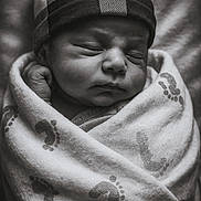 Armando joined the competition — help win amazing prizes! baby, newborn, infant, sleeping, blanket, footprint_pattern, hat, cozy, black_and_white, portrait, closeup, face, peaceful, wrapped, soft_texture, cute, child, newborn_baby, resting, indoors