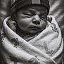 baby, newborn, infant, sleeping, blanket, footprint_pattern, hat, cozy, black_and_white, portrait, closeup, face, peaceful, wrapped, soft_texture, cute, child, newborn_baby, resting, indoors