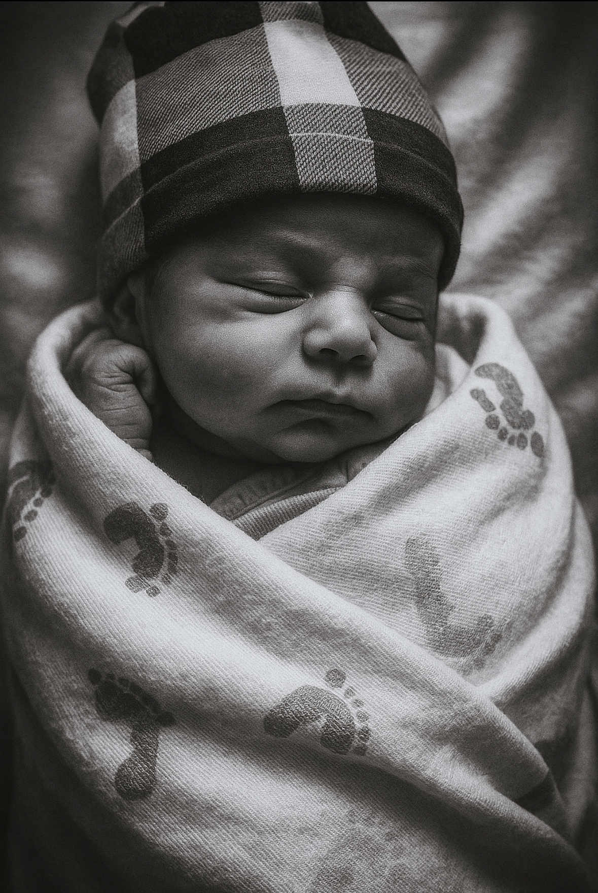 Armando joined the competition — help win amazing prizes! baby, newborn, infant, sleeping, blanket, footprint_pattern, hat, cozy, black_and_white, portrait, closeup, face, peaceful, wrapped, soft_texture, cute, child, newborn_baby, resting, indoors