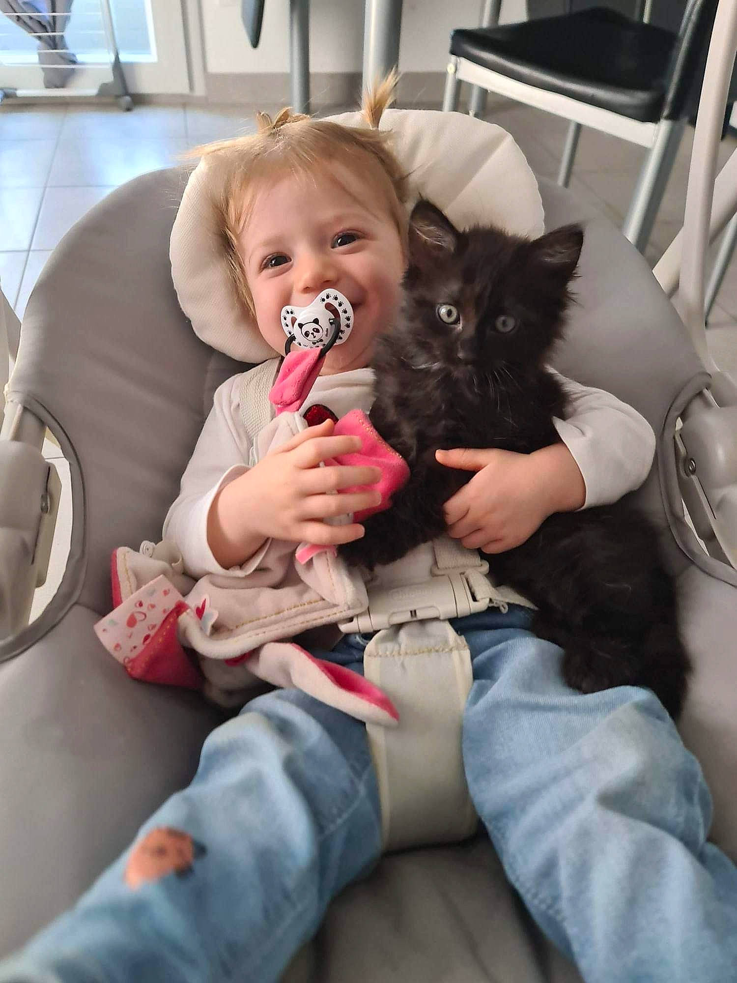 Shadow participe au concours pour gagner de l'argent avec cette photo : arm, baby, car_seat, carnivore, comfort, companion_dog, dog_breed, felidae, finger, fur, gesture, hand, happy, lap, leg, mammal, mouth, sitting, thigh, toddler