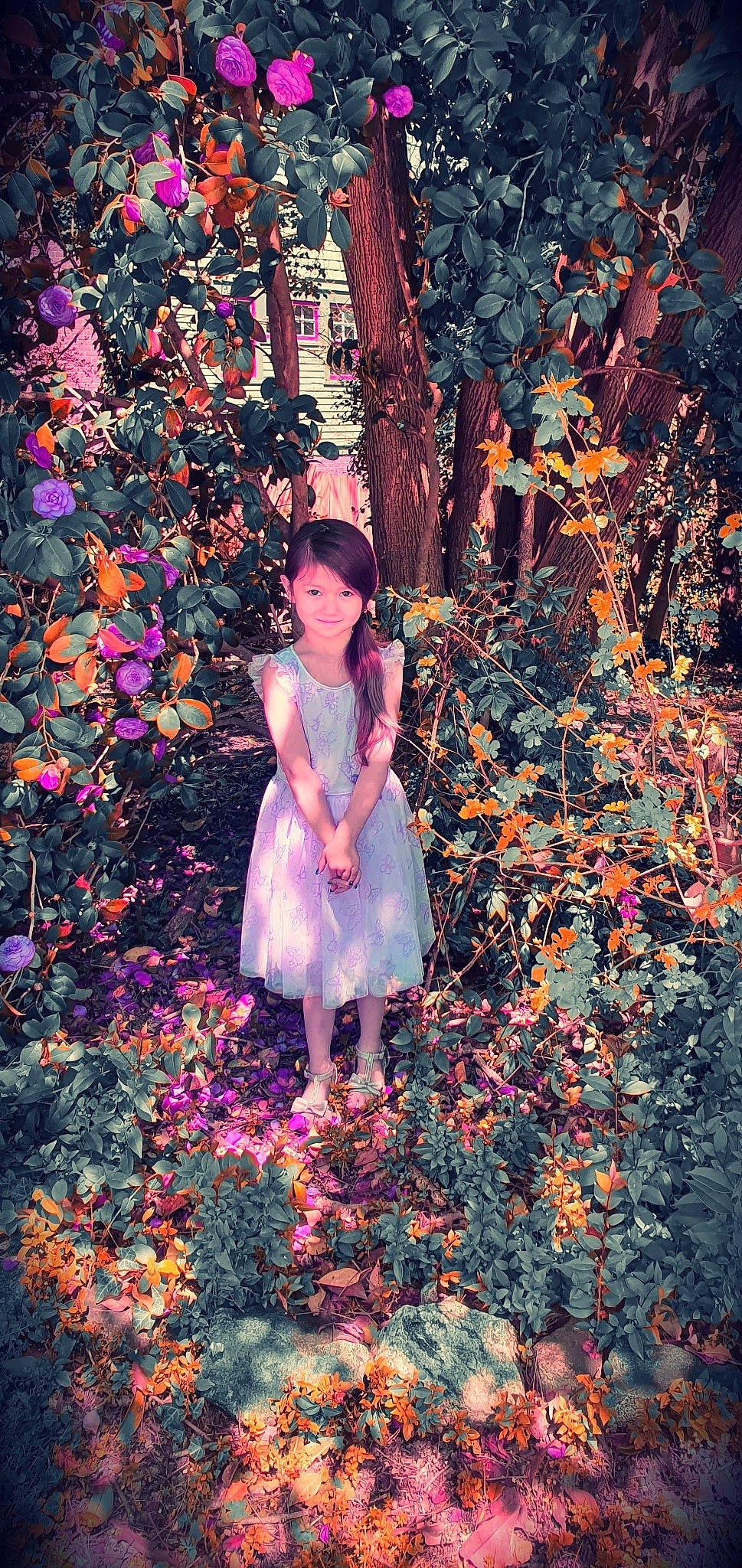Gabriella joined the competition — help win amazing prizes! branch, deciduous, dress, flash_photography, forest, grass, happy, joy, lighting, magenta, natural_environment, natural_landscape, orange, people_in_nature, person, petal, plant, sunlight, tints_and_shades, tree
