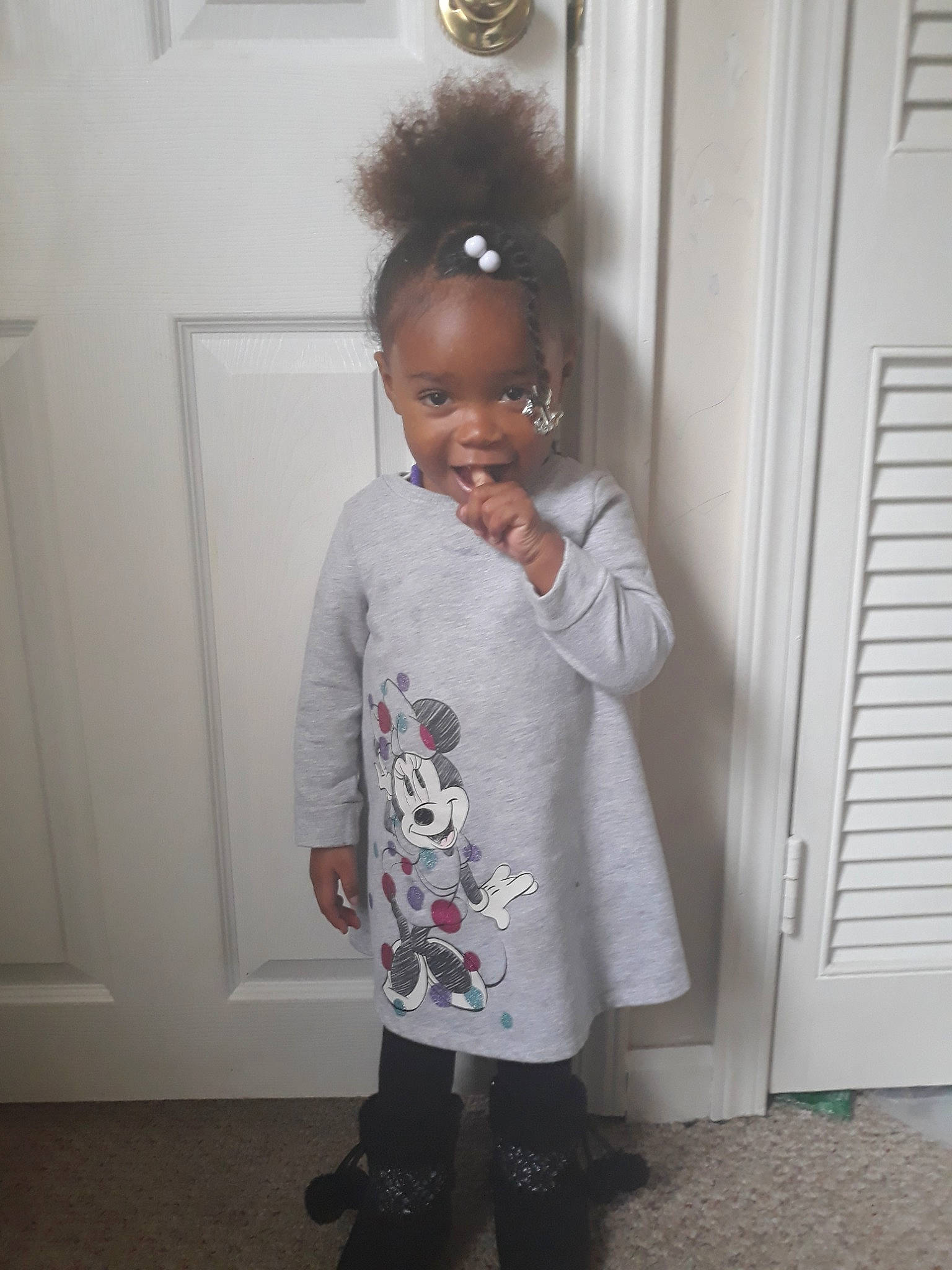 Kahealani joined the competition — help win amazing prizes! child, dress, hair, hairstyle, head, joy, outerwear, person, shoe, shoulder, sleeve, standing, toddler, white