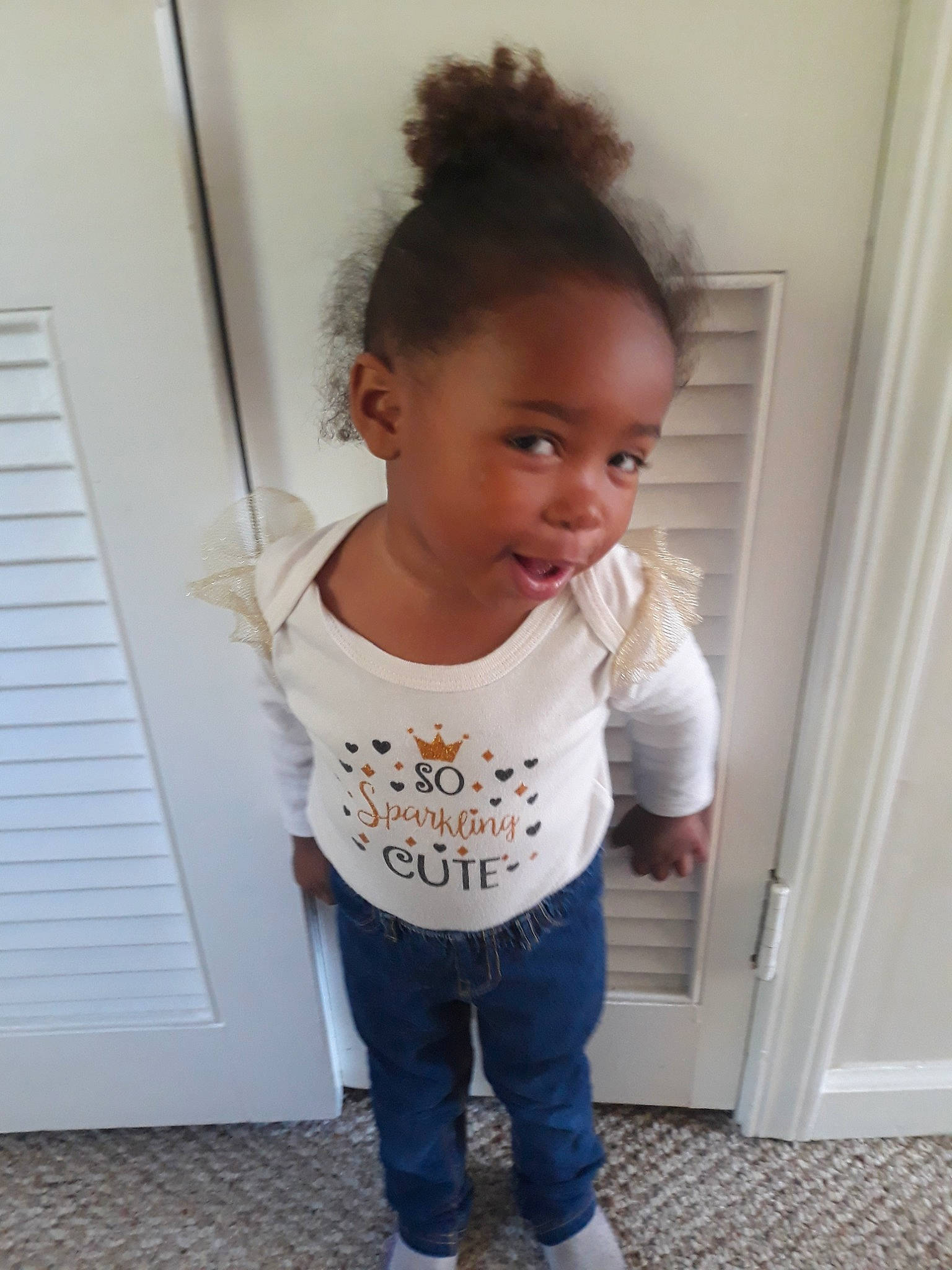 Kahealani joined the competition — help win amazing prizes! baby, baby_toddler_clothing, child, jeans, person, shoulder, sleeve, standing, t_shirt, toddler, top