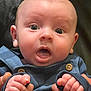 baby, blue_outfit, child, close_up, clothing, cute, expression, face, hands, holding, human, indoor, infant, newborn, open_mouth, person, portrait, skin, wide_eyes, wooden_buttons