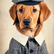 Coco joined the competition — help win amazing prizes! animal, beret, button, clothing, coat, cute, dog, fashion, fur, golden_retriever, hat, indoors, looking_at_camera, neutral_background, pet, portrait, puppy, soft_light, studio, vintage
