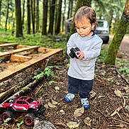 Marcelo is registered to the contest to win money with this photo: toddler, child, forest, toy_truck, remote_control, bird, trees, leaves, ground, hoodie, shoes, outdoor, nature, vehicle, curious, standing, daylight, person, play, exploration