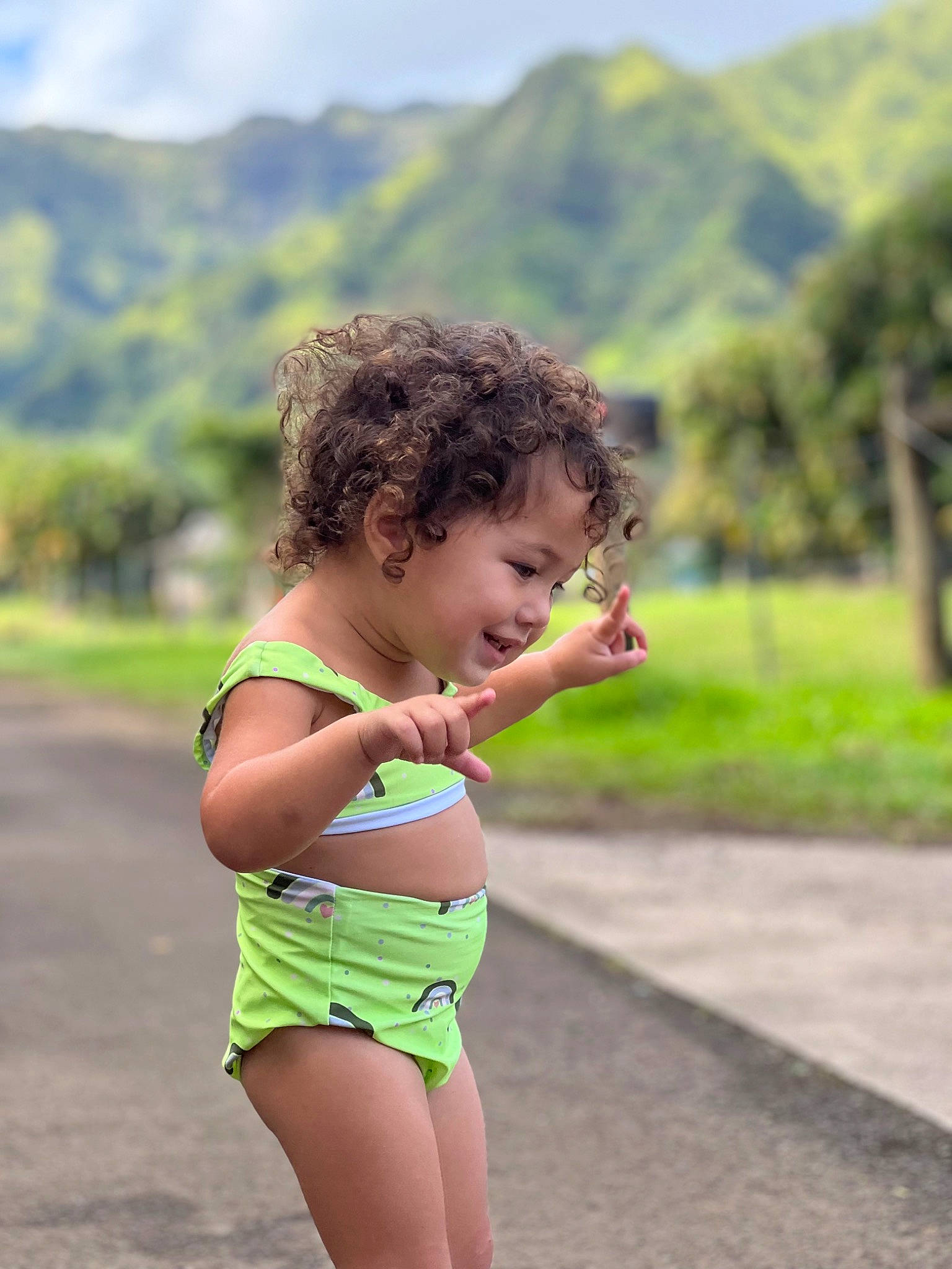 Taelyn Louise joined the competition — help win amazing prizes! child, grass, happy, joy, landscape, leisure, morning, mountain, people_in_nature, person, plant, recreation, road, shoulder, summer, sunlight, swimwear, thigh, toddler, tree