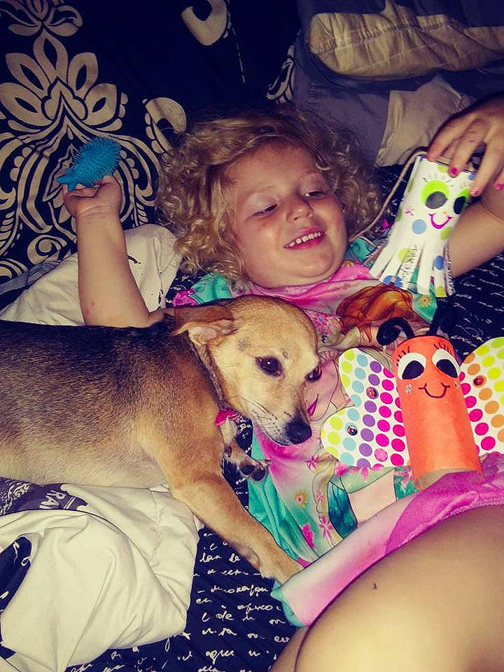 Dori is registered to the contest to win money with this photo: blond, carnivoran, child, cool, dog, dog_breed, dog_like_mammal, eye, fun, girl, joy, mammal, mouth, organ, person, puppy, purple, skin, smile, snapshot