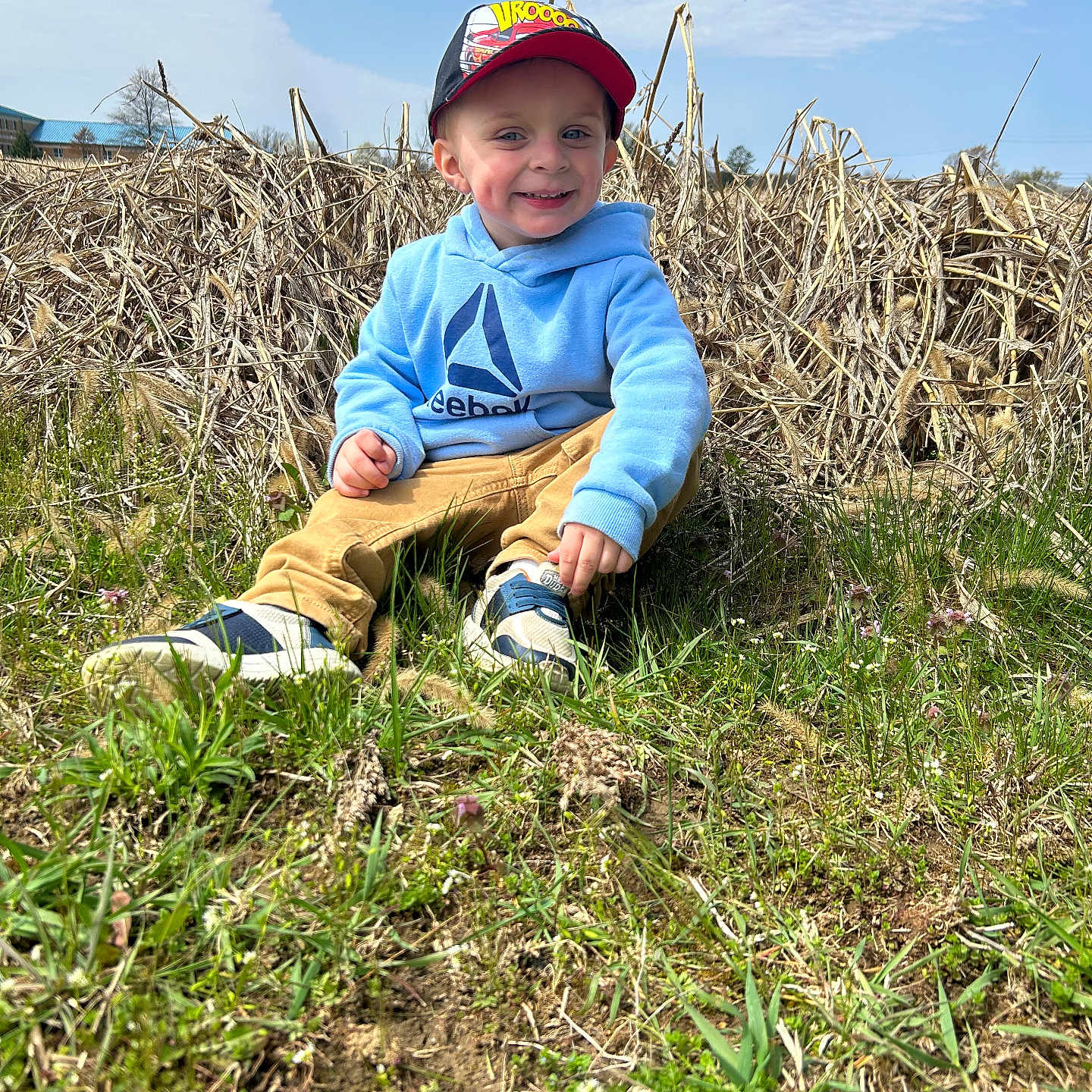 Brexston is registered to the contest to win money with this photo: blue_clothing, boy, cap, casual_clothing, child, daylight, dried_plants, grass, happy, hoodie, nature, outdoor, plants, portrait, shoes, sitting, smiling, sunny, toddler, young
