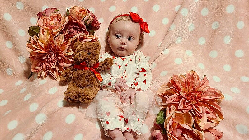 Haizley is registered to the contest to win money with this photo: baby, baby_toddler_clothing, child, cut_flowers, dress, event, face, floral_design, flower, hair_accessory, happy, headband, headpiece, peach, person, petal, pink, plant, rose, textile