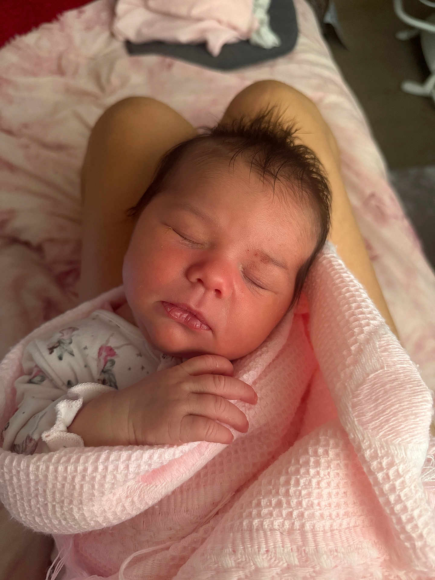 Carmen joined the competition — help win amazing prizes! newborn, baby, sleeping, blanket, pink, soft, wrapped, hand, face, person, legs, cozy, infant, resting, indoors, skin, cute, peaceful, portrait, closeup