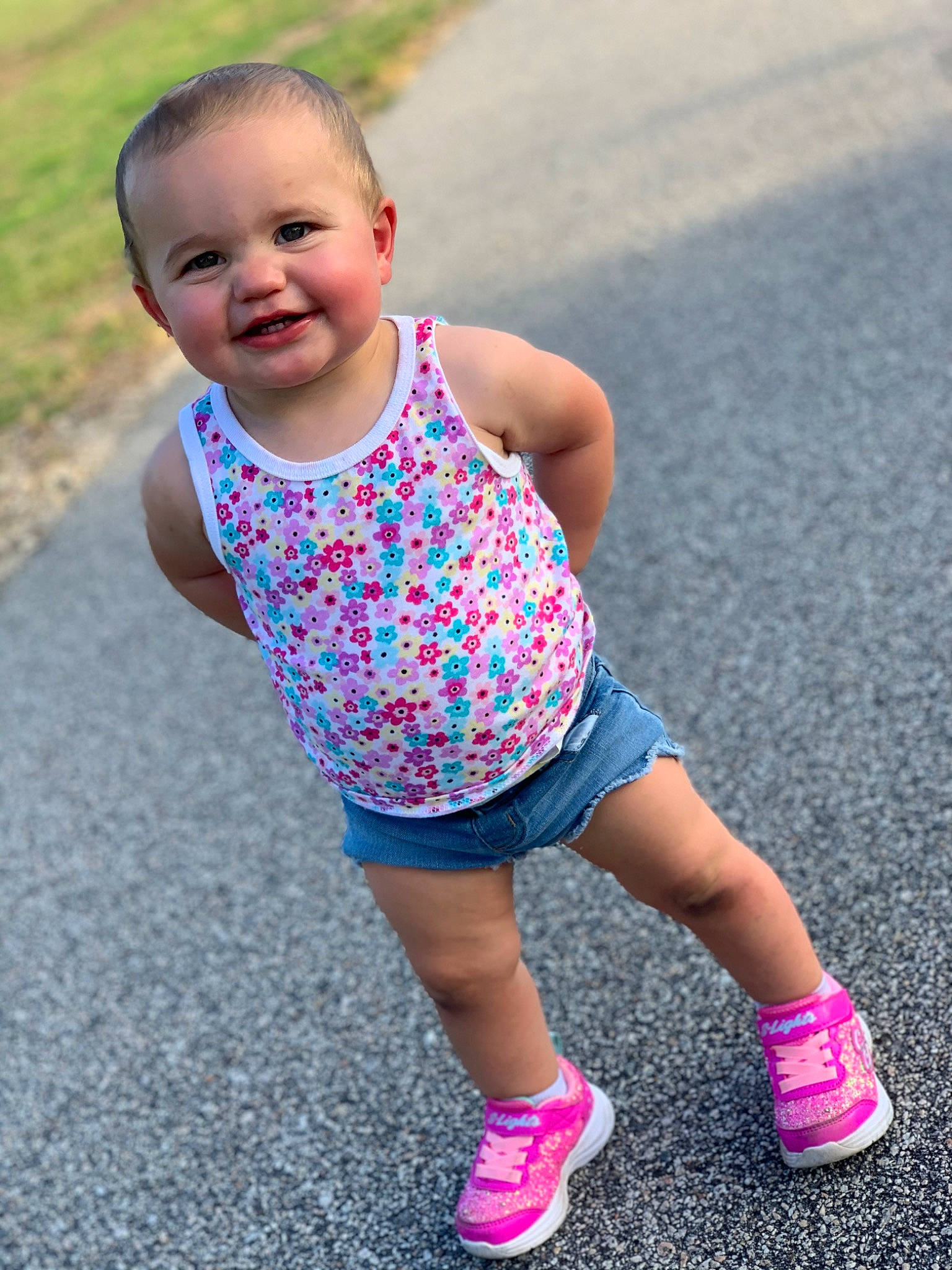 Alaina joined the competition — help win amazing prizes! asphalt, baby_toddler_clothing, child, dress, electric_blue, face, fun, grass, happy, head, joy, leisure, pattern, person, pink, recreation, shorts, sleeve, smile, t_shirt