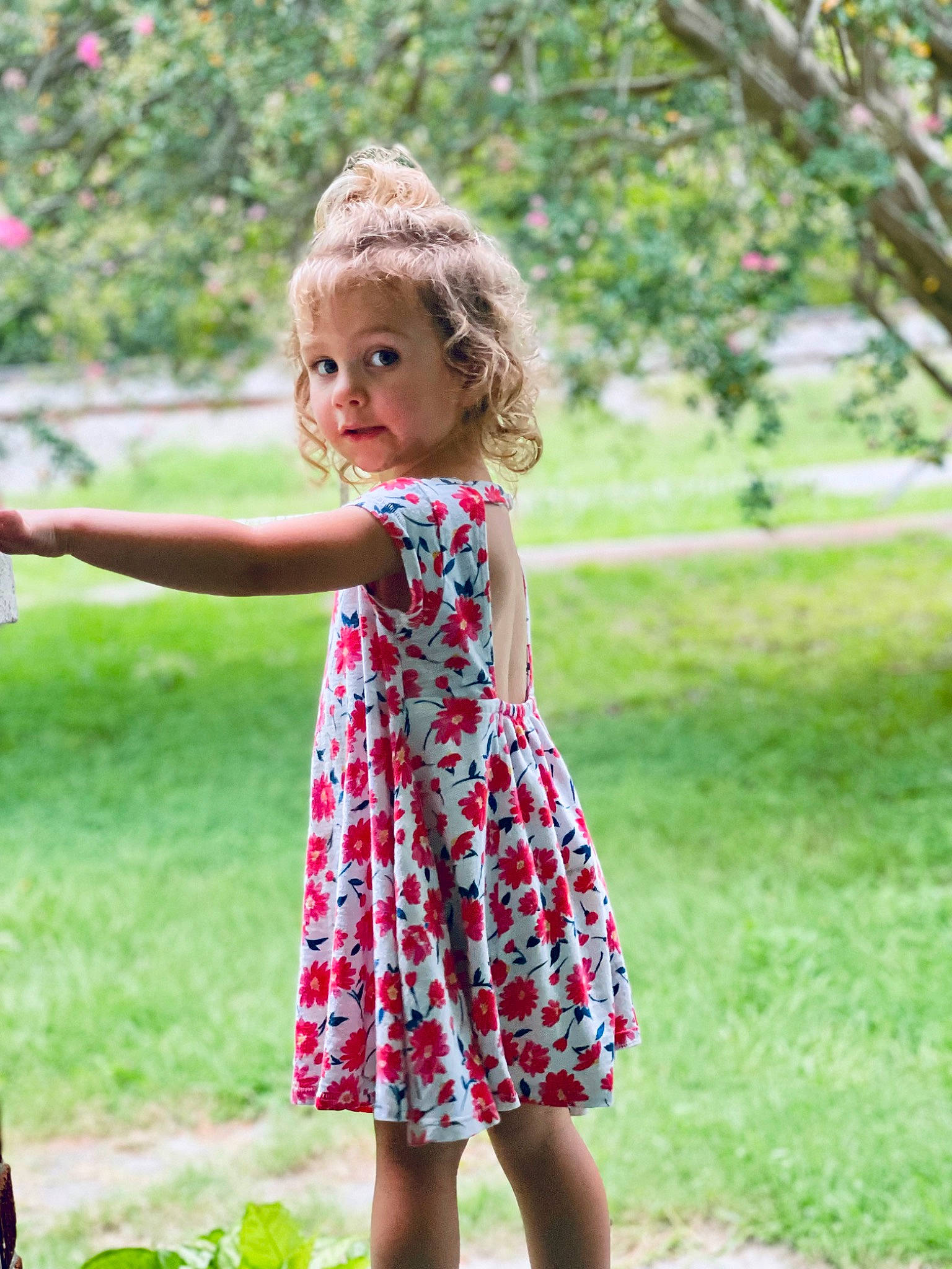 Aubree joined the competition — help win amazing prizes! baby_toddler_clothing, blond, child, day_dress, dress, fun, grass, happy, lawn, leisure, magenta, one_piece_garment, pattern, people_in_nature, person, plant, sleeve, summer, toddler, tree
