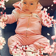 Lyna a rejoint le concours — aidez-le/la à gagner de superbes lots ! baby, child, pink_outfit, hoodie, sneakers, couch, indoor, portrait, face, blonde_hair, blue_eyes, cherry_blossoms, flower_overlay, soft_lighting, casual_clothing, sitting, cute, infant, closeup, cozy