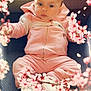 baby, child, pink_outfit, hoodie, sneakers, couch, indoor, portrait, face, blonde_hair, blue_eyes, cherry_blossoms, flower_overlay, soft_lighting, casual_clothing, sitting, cute, infant, closeup, cozy