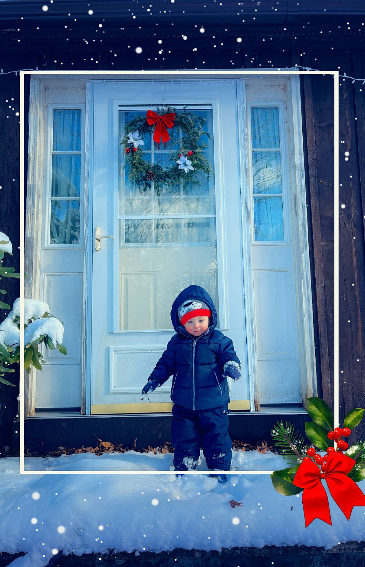 Frankie is registered to the contest to win money with this photo: azure, door, facade, freezing, headwear, leaf, light, lighting, line, person, photograph, plant, red, snow, tints_and_shades, toddler, tree, white, window, winter
