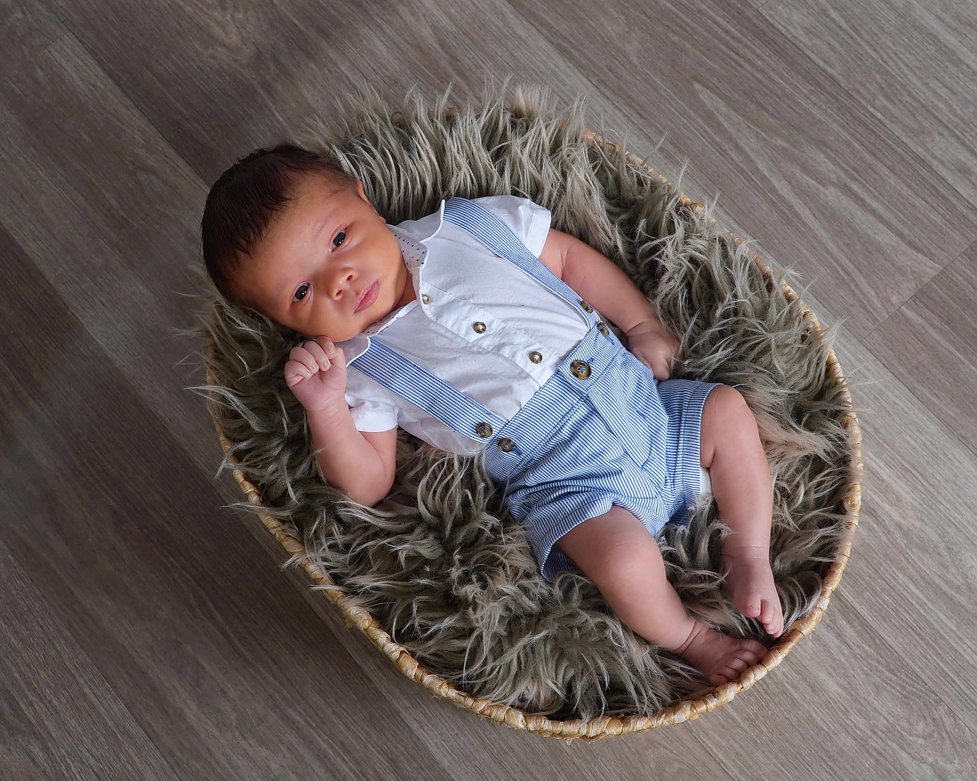 Cobee joined the competition — help win amazing prizes! baby, infant, basket, fur, clothing, suspenders, white_shirt, floor, wood_floor, cute, portrait, person, newborn, relaxing, indoors, sleepy, small, resting, baby_boy, cozy