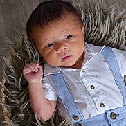 Cobee is registered to the contest to win money with this photo: baby, infant, basket, fur_blanket, white_shirt, striped_suspender, clothing, wooden_floor, portrait, child, cute, face, hand, newborn, lying_down, soft_texture, indoor, expression, small_person, casual