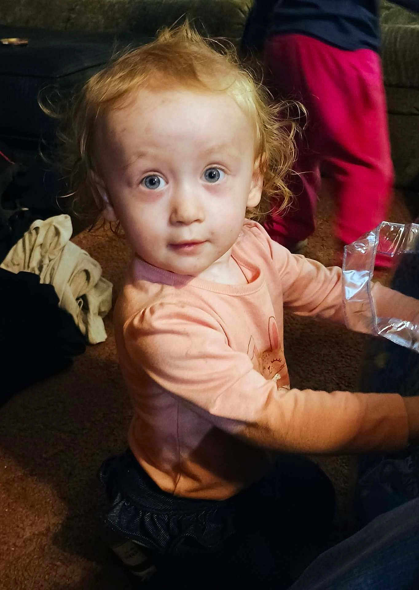 Nova is registered to the contest to win money with this photo: toddler, child, indoor, playing, curious, blonde_hair, blue_eyes, long_sleeve_shirt, pink_shirt, plastic_bag, carpet, person, red_pants, couch, living_room, clothing, young_child, floor, expression, hair