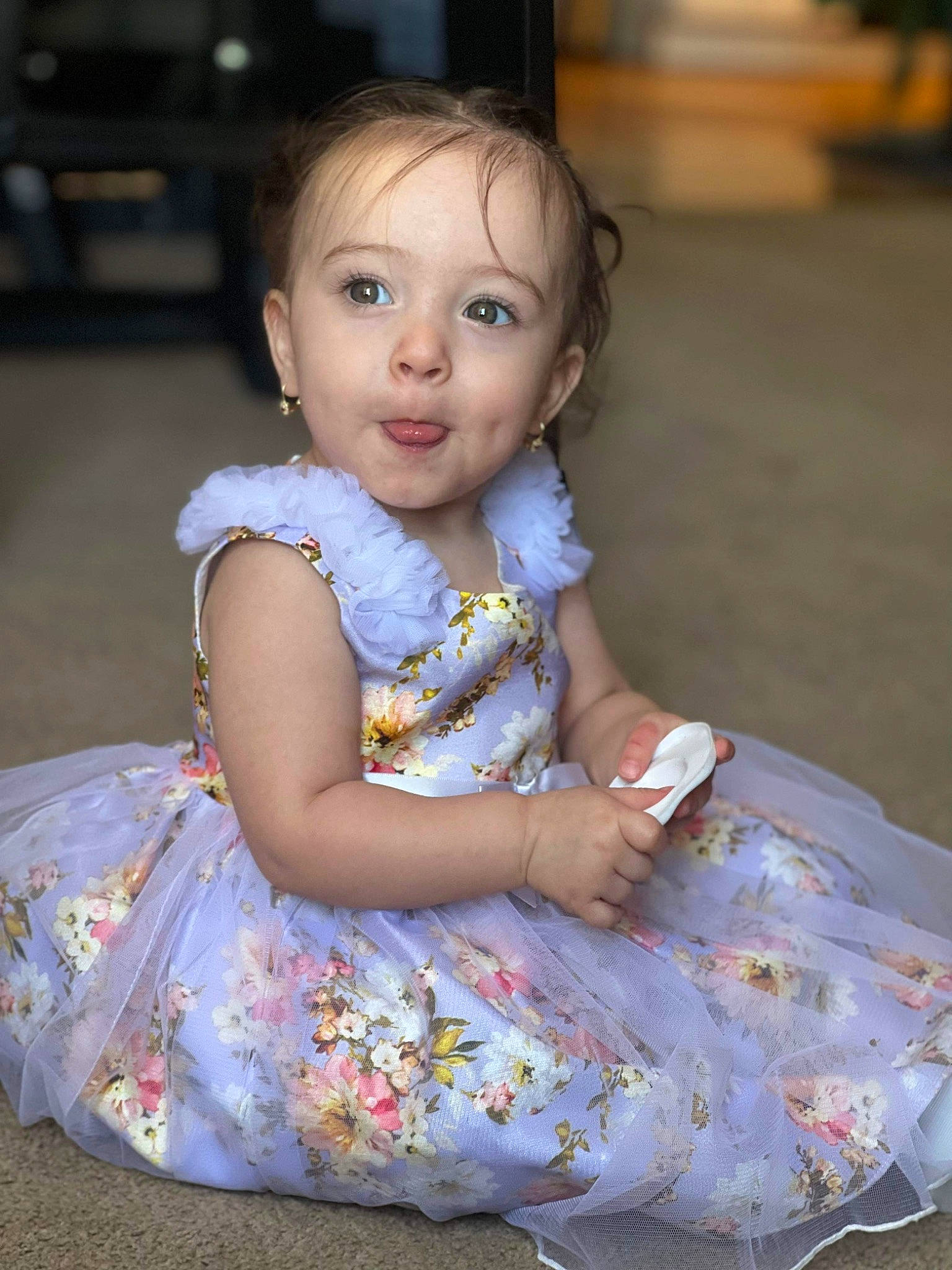 Harmony is registered to the contest to win money with this photo: baby_toddler_clothing, cheek, child, day_dress, dress, eye, face, flash_photography, flooring, fun, hair, hairstyle, happy, head, iris, organ, person, sitting, skin, smile